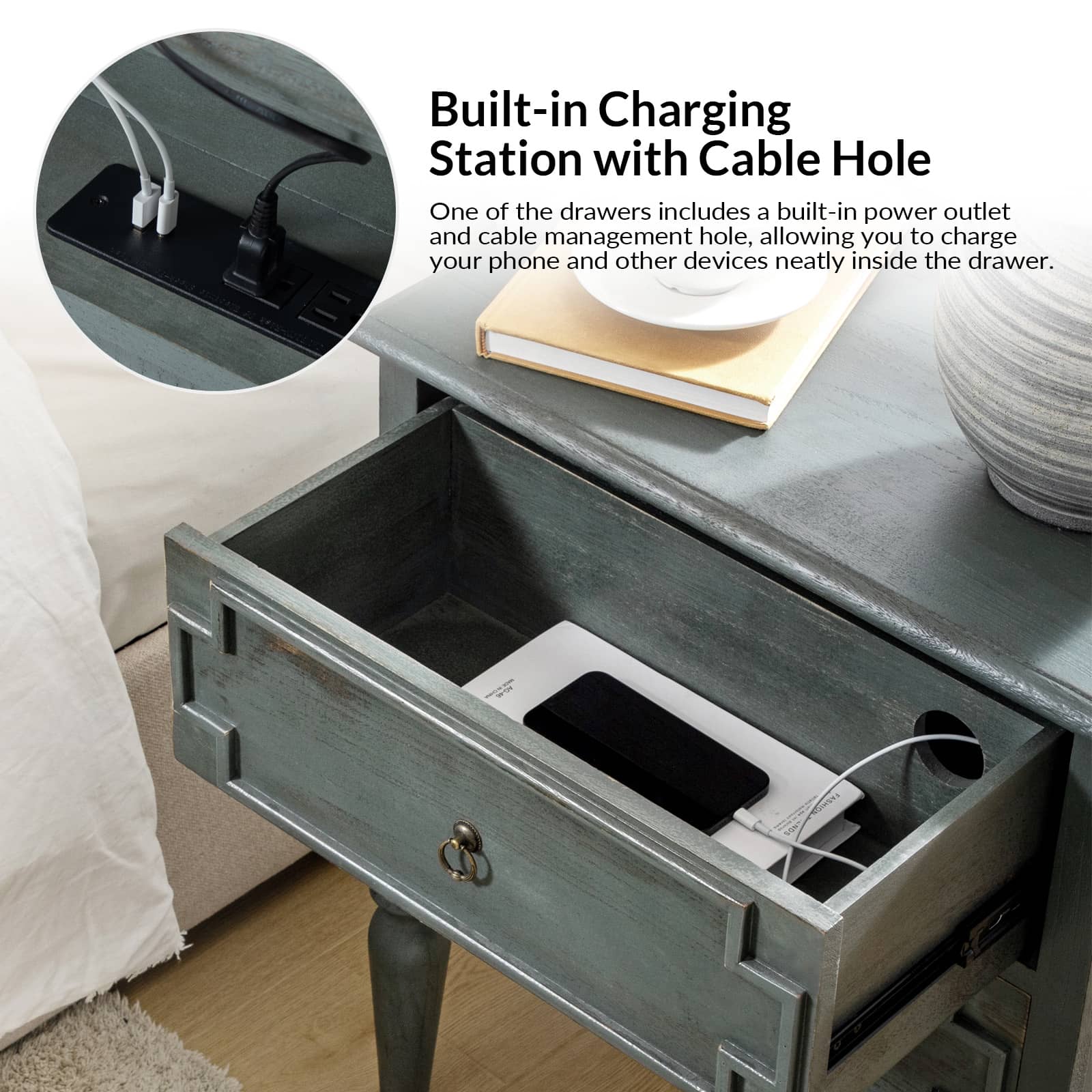 Joah 28"Tall Farmhouse 2-Drawer End Table with Built-in Charging - Image 40
