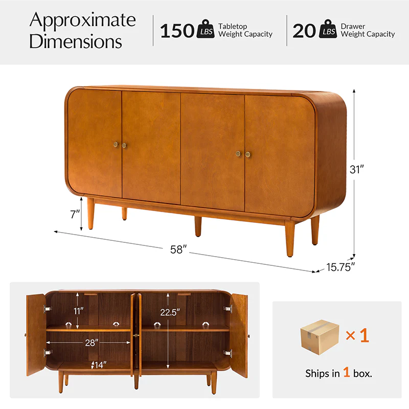 Alee 58 Inches Wide Mid-Century Modern 4-Door Sideboard With Adjustable Shelves - Image 11