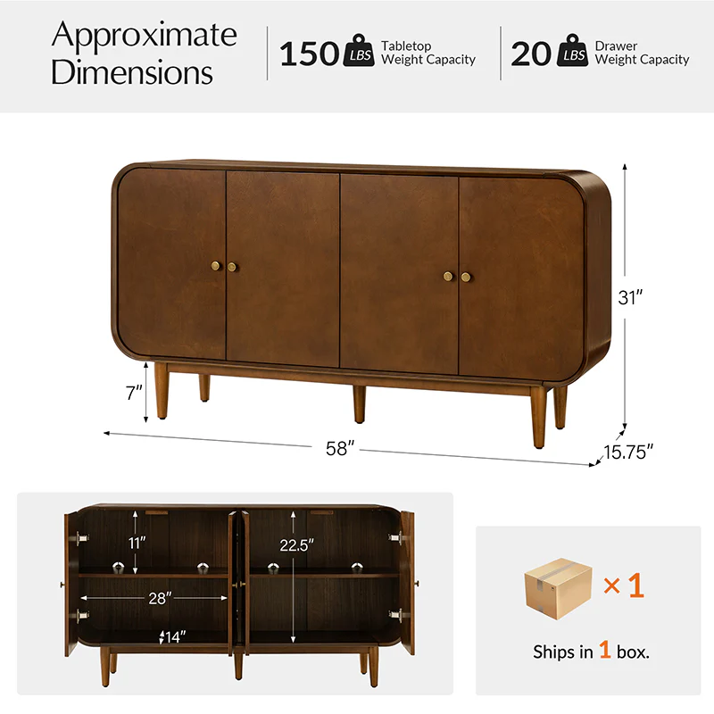 Alee 58 Inches Wide Mid-Century Modern 4-Door Sideboard With Adjustable Shelves - Image 3