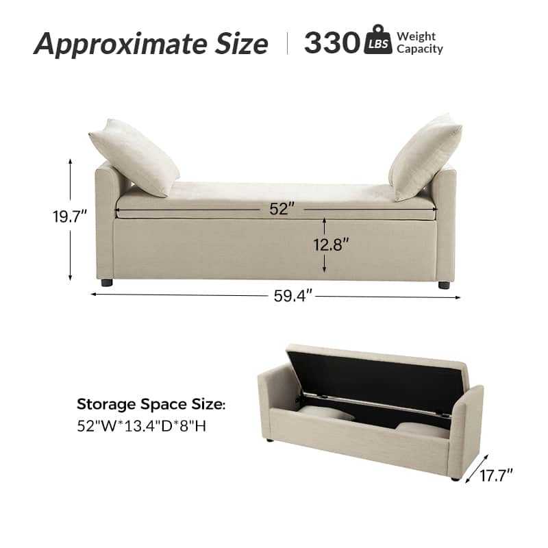Benito 59.4" Wide End of Bed Storage Couch Bench with Two Throw Pillows - Image 3
