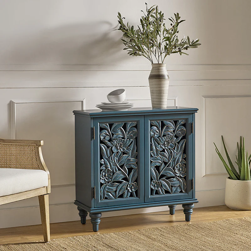 32" Tall 2 Door Blue Accent Cabinet with Built-in LED Light - Image 3