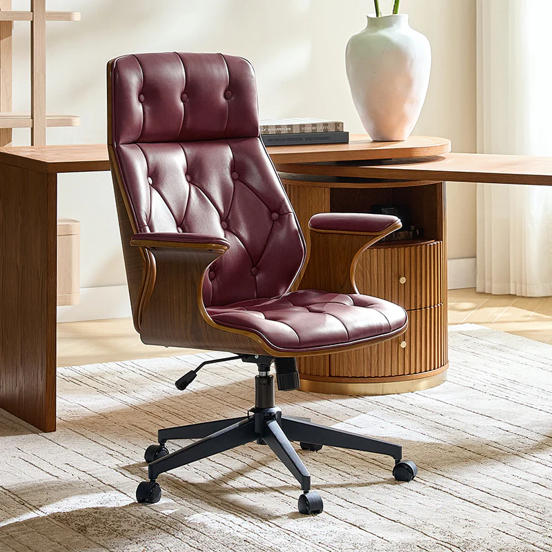 Brigida Curved Wood Back Genuine Leather Office Chair - Image 10