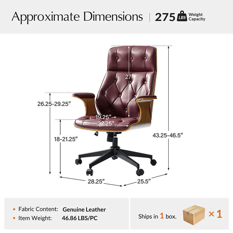 Brigida Curved Wood Back Genuine Leather Office Chair - Image 11