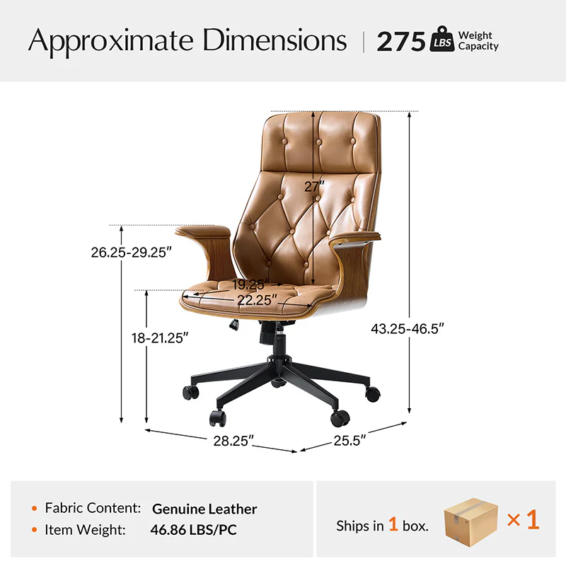 Brigida Curved Wood Back Genuine Leather Office Chair - Image 3