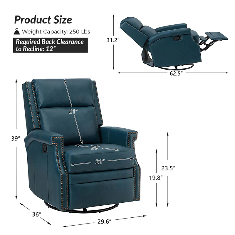 Canace Modern Genuine Leather Manual Glider Rocker Recliner - Image 58