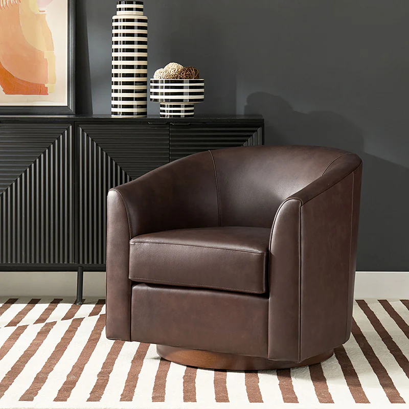 Cathy Geniun Leather Modern Swivel Barrel Chair With Solid Wood Base - Image 10