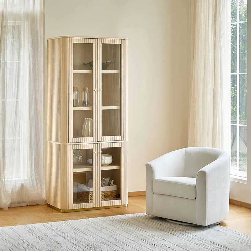 Estrella Modern Gold Frame Glass Display Cabinet with Wine Glass Rack-Bookcase and Bar Storage - Image 13