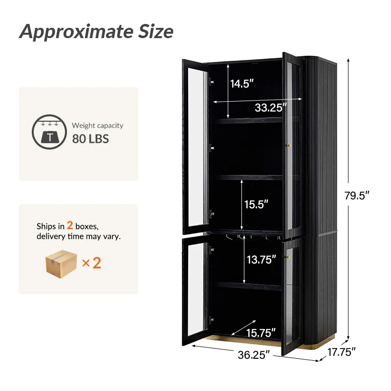 Estrella Modern Gold Frame Glass Display Cabinet with Wine Glass Rack-Bookcase and Bar Storage - Image 4
