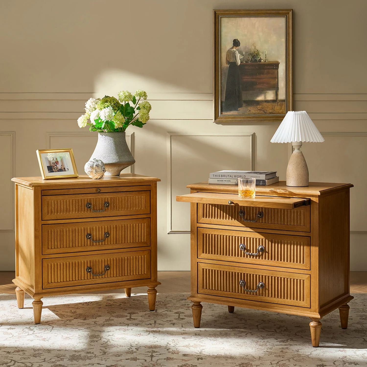 Farmhouse Solid Wood End Table with Fluted Drawer(Optional Types) - Image 32