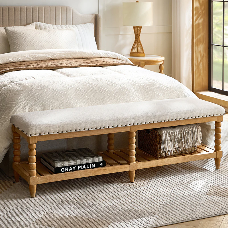 Felipa Farmhouse Rustic Wood Bench with Upholstered Seat and Storage Shelf - Image 18