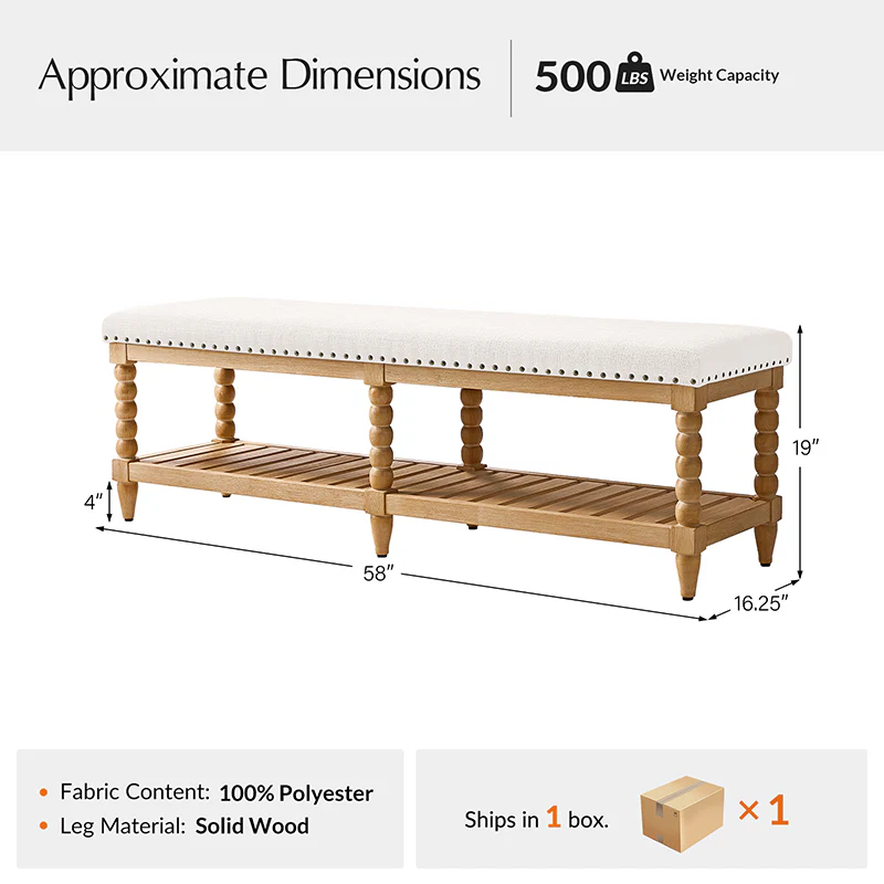 Felipa Farmhouse Rustic Wood Bench with Upholstered Seat and Storage Shelf - Image 19