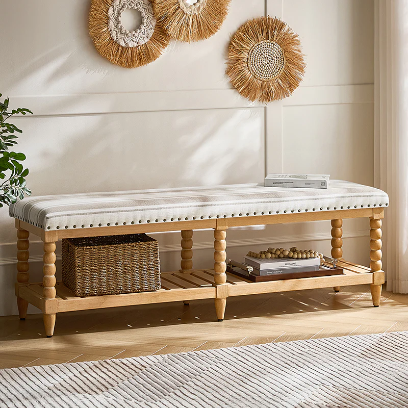 Felipa Farmhouse Rustic Wood Bench with Upholstered Seat and Storage Shelf - Image 25