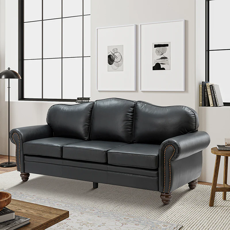 Flavio 81″ Genuine Leather Sofa – Vintage Glam Mid-Century Design - Image 17