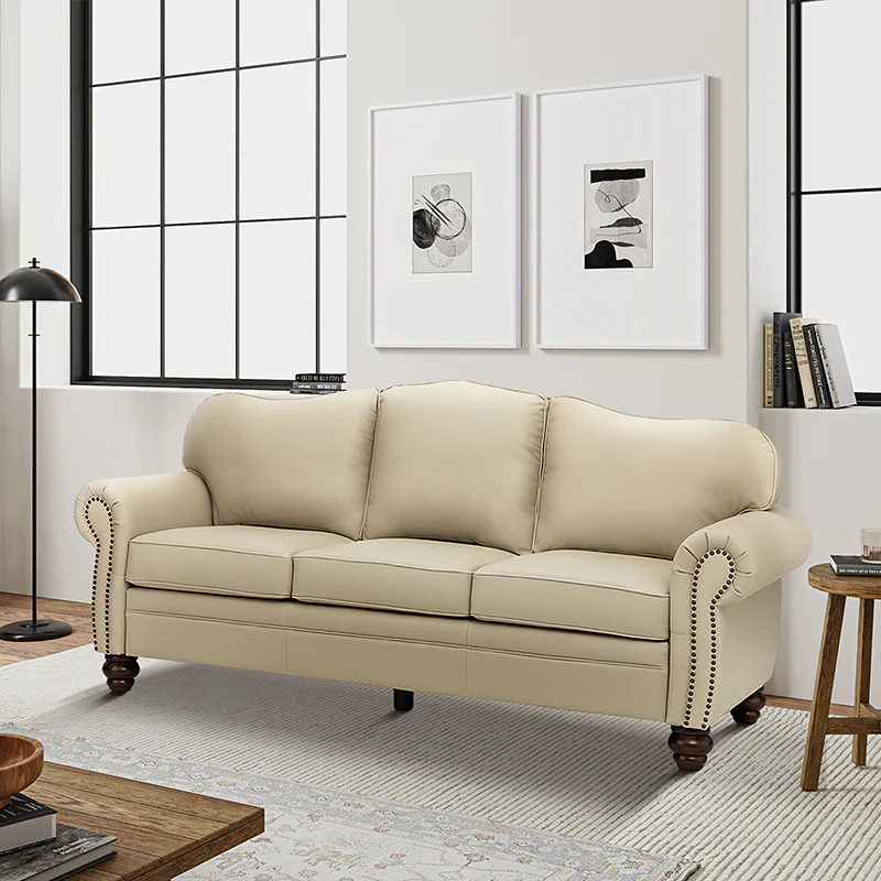 Flavio 81″ Genuine Leather Sofa – Vintage Glam Mid-Century Design - Image 25