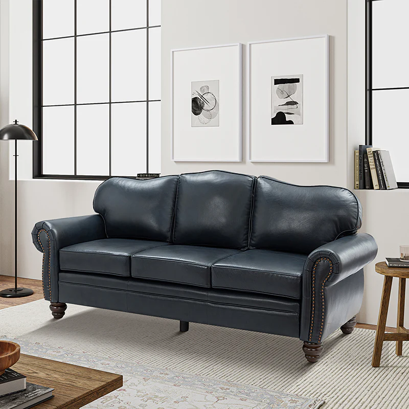 Flavio 81″ Genuine Leather Sofa – Vintage Glam Mid-Century Design - Image 41