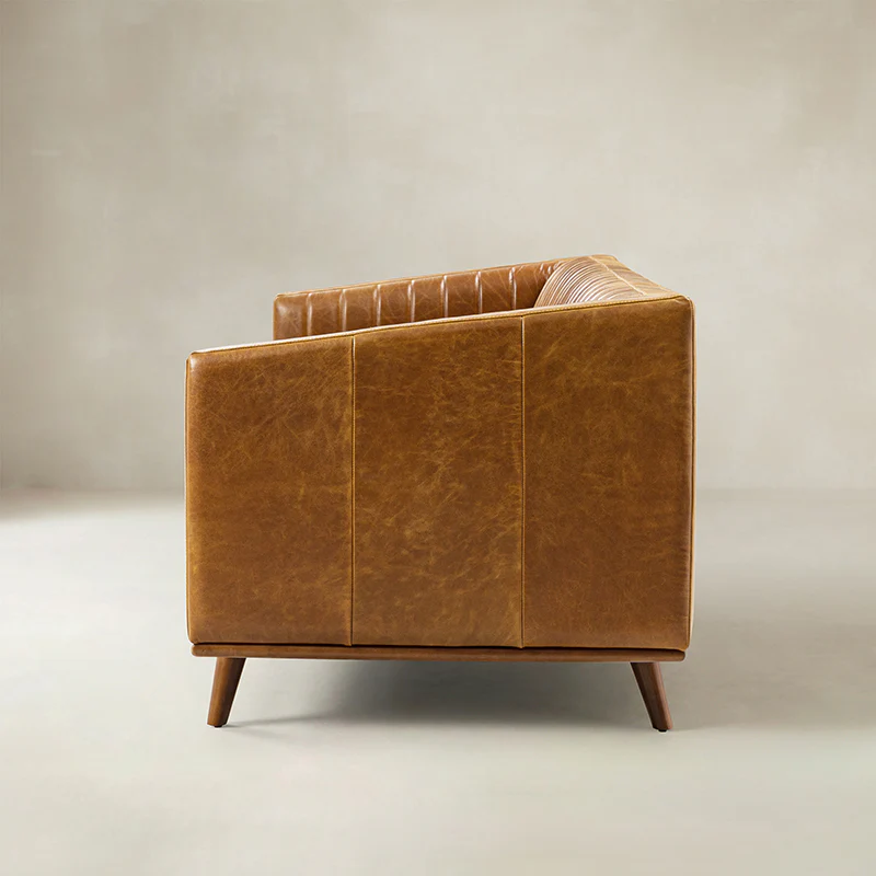 Gaia Mid-Century Genuine Leather Sofa with Vertical Channel Tufting - Image 6