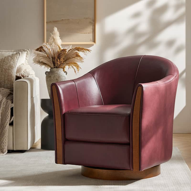 Clara Genuine Leather Swivel Barrel Chair With Solid Wood Base - Image 18