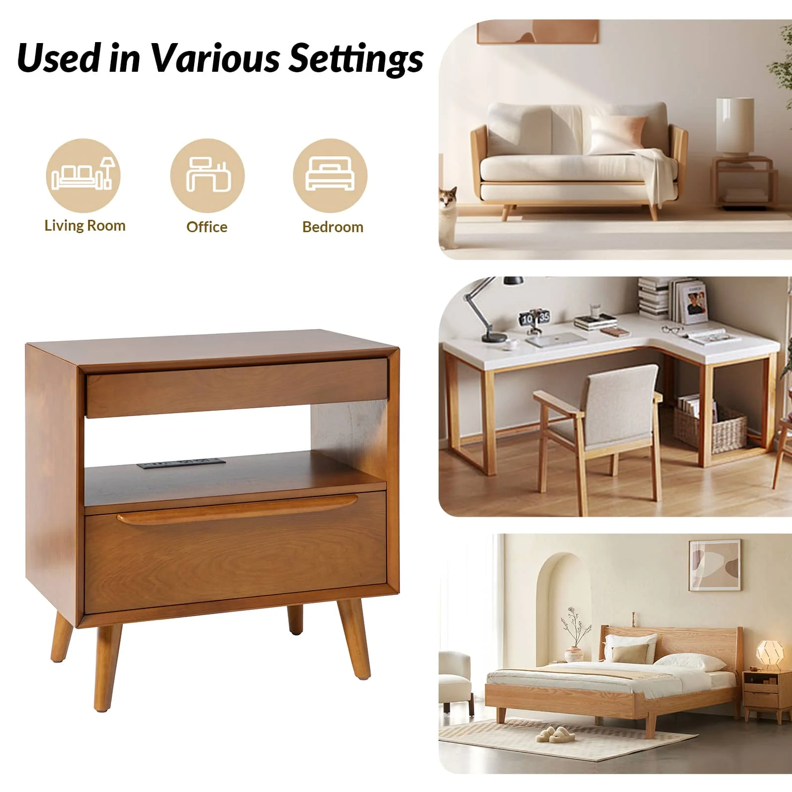 Giralda 2-Drawer Mid-century Modern End Table with Built-In Outlets(Optional Types) - Image 12