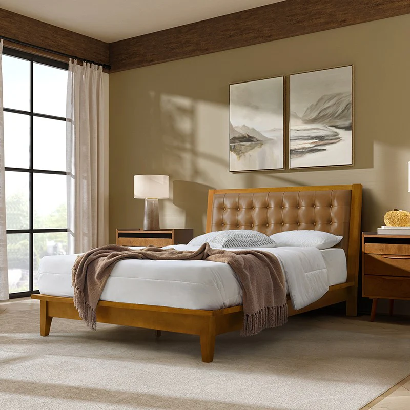 Herme Genuine Leather Solid Wood Platform Bed with Charging Ports - Image 18