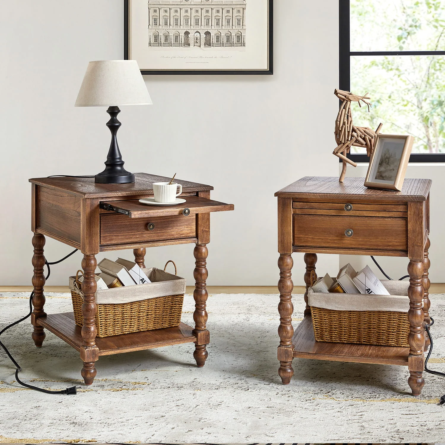 Ira 26" Tall Farmhouse Solid Wood End Table with Built-in Charging Outlets(Optional Types) - Image 22