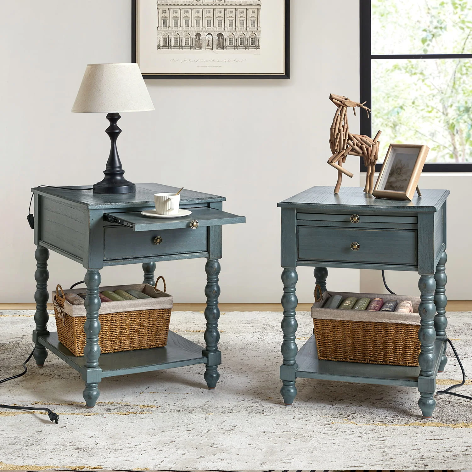 Ira 26" Tall Farmhouse Solid Wood End Table with Built-in Charging Outlets(Optional Types) - Image 33