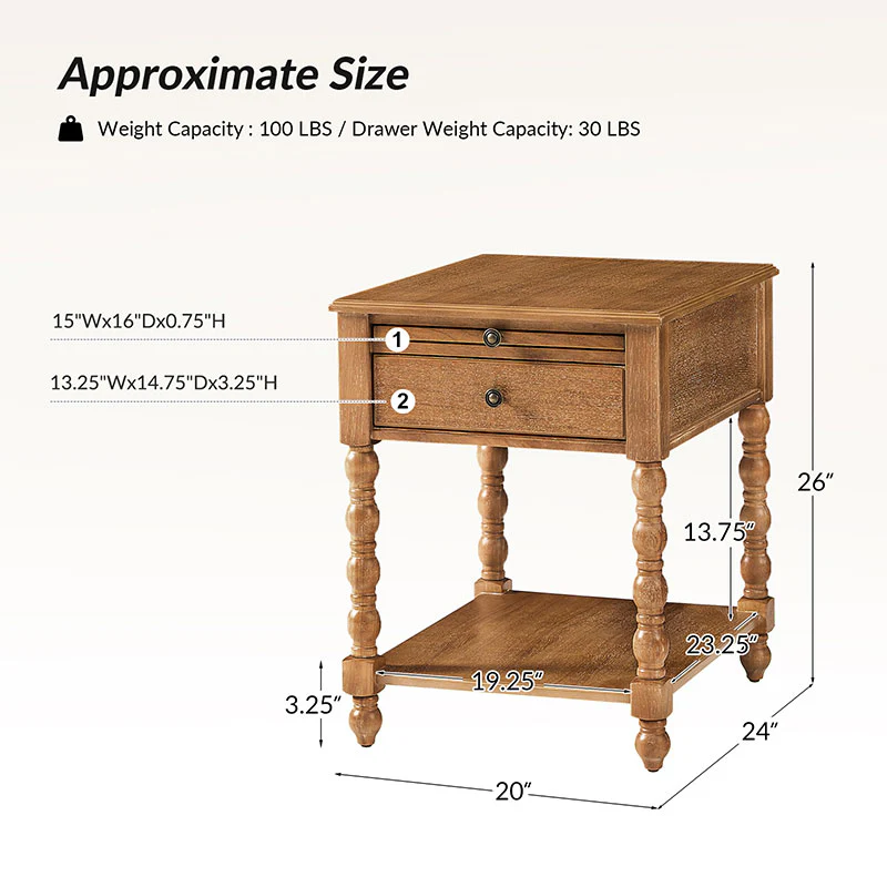 Ira 26" Tall Farmhouse Solid Wood End Table with Built-in Charging Outlets(Optional Types) - Image 43