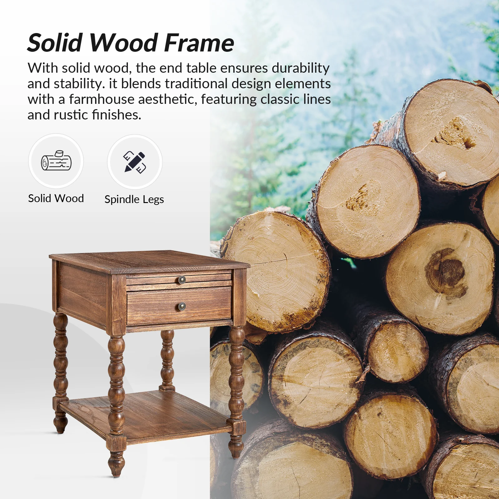 Ira 26" Tall Farmhouse Solid Wood End Table with Built-in Charging Outlets(Optional Types) - Image 6