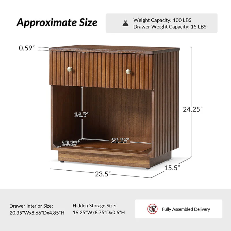Lina Modern Solid Wood End Table with Charging Station – Slatted Bedside Table with Hidden Storage(Optional Types) - Image 3