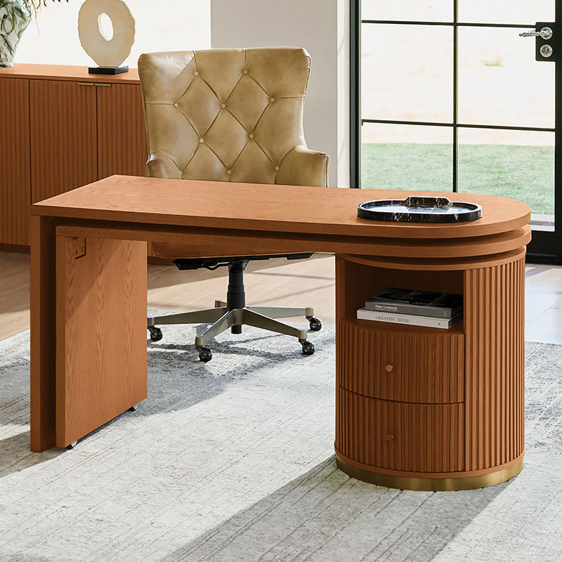 Modern Fluted L shaped 360 Rotating Wooden Office Desk - Image 20