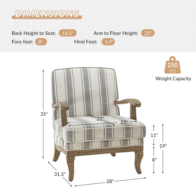 Randolph Romantic Upholstered Stripes Armchair with Solid Wood Armrests - Image 19