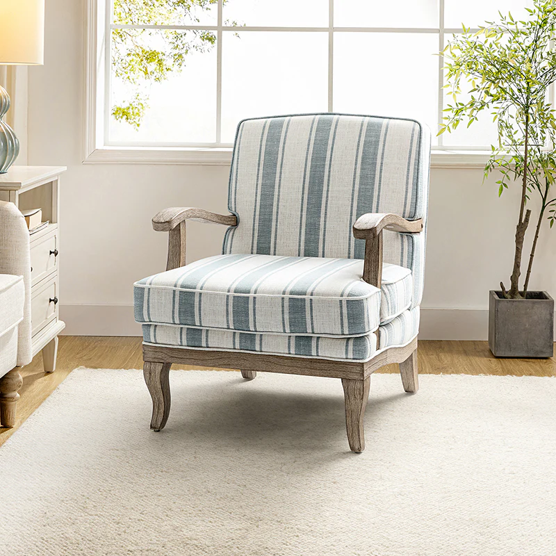 Randolph Romantic Upholstered Stripes Armchair with Solid Wood Armrests - Image 9