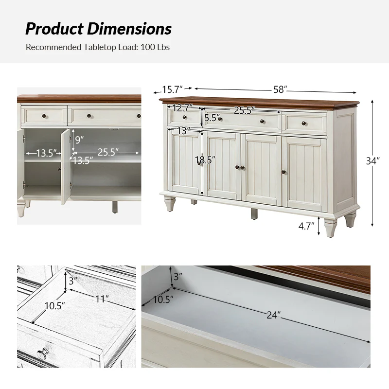 Raphael 58" Wide 3‑Drawer Sideboard – Modern Farmhouse Storage Cabinet With Solid Wood Legs - Image 11