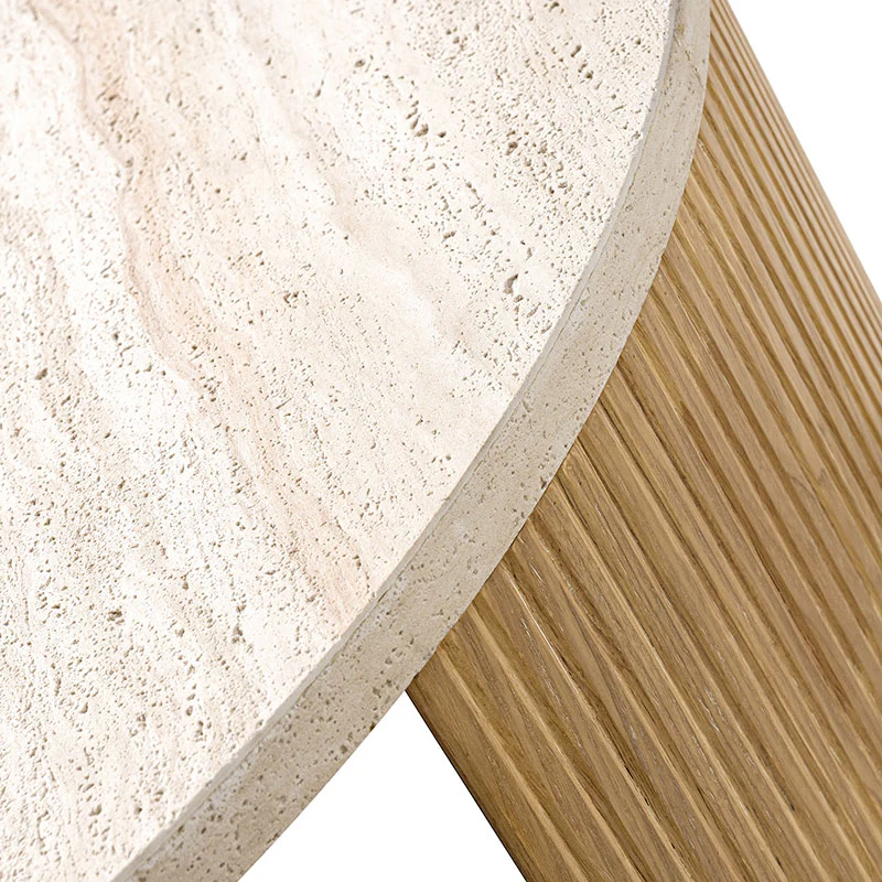 Telmo Modern Travertine Coffee Table with Fluted Wood Legs - Image 8