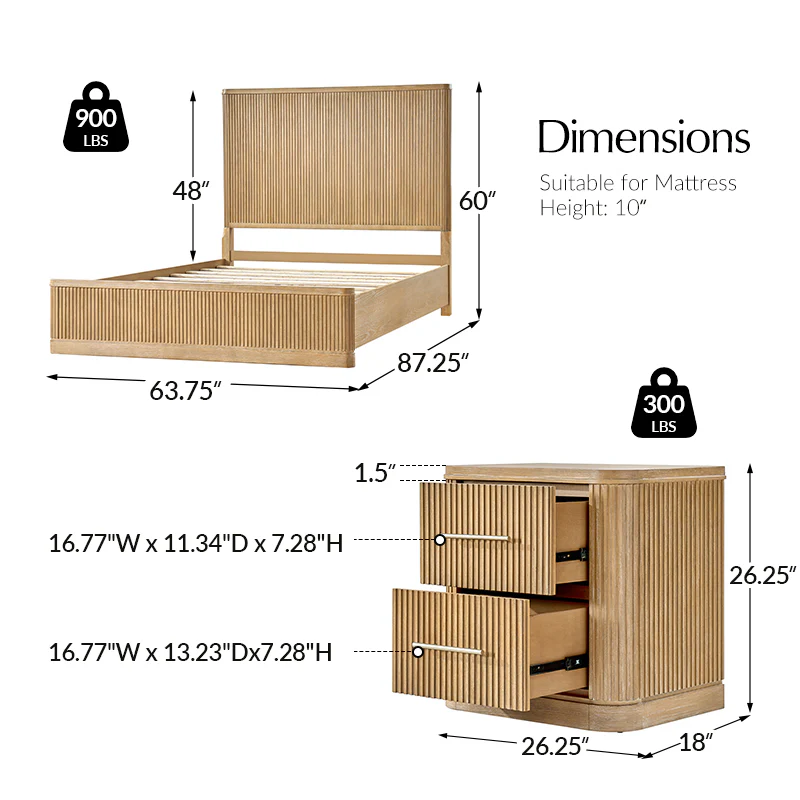 Verral 3-Piece Modern Fluted Solid Wood Bedroom Bundle with Oak Texture - Image 3