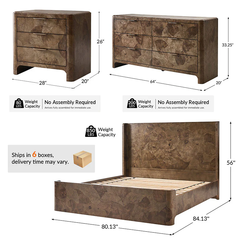 Virel 4-Piece Modern Marquetry Bedroom Set with 6-Drawer Dresser - Image 3